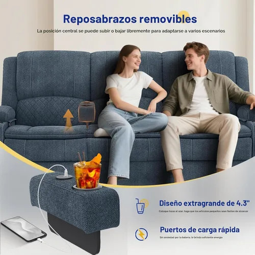 Vista 6 de Sofá reclinable de 3 plazas, sofá reclinable con consola elevable (tela, azul) Reclining Sofa with USB Removable Armrest, RV Sofa with Cup Holder