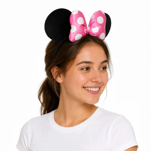 Vista 8 de Diadema de terciopelo con orejas de ratón con lazo de algodón 3D, banda para el pelo de moda para mujeres y niñas (algodón 3D rosa)