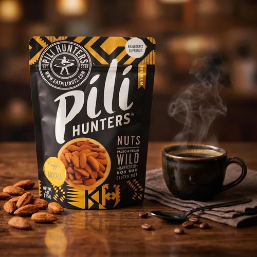 Vista 6 de Pili Hunters - Nueces de pili germinadas silvestres - Caffè Mocha bolsa de 4 onzas - Cacao crudo, azúcar de coco orgánico y café real para un