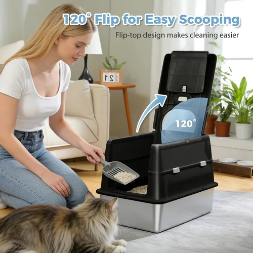 Vista 5 de PAWZ Road Caja de arena para gatos de acero inoxidable, caja de arena cerrada XL extra grande con bandeja de metal antiadherente, lados de 16