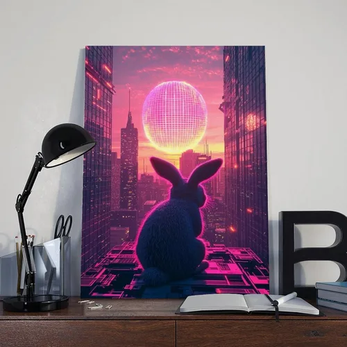 Vista 8 de Retro Futuristic Easter Wall Art – Neon Bunny with Cyber Egg – Synthwave 80s Sci-Fi Cityscape Poster – Unique Easter Decor & Gift for Vaporwave Fans