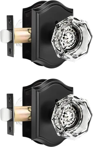 Vista 33 de Gobrico Juego de pomos de puerta de vidrio transparente para interiores, cerradura de puerta de cristal de diamante de privacidad en latón antiguo