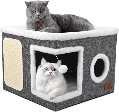 Vista 13 de Casa de Gato de 2 Pisos para Gatos de Interior, Cama de Cueva de Gato de Dos Propósitos con Almohadilla para Arañar y Bola Esponjosa, Escondite