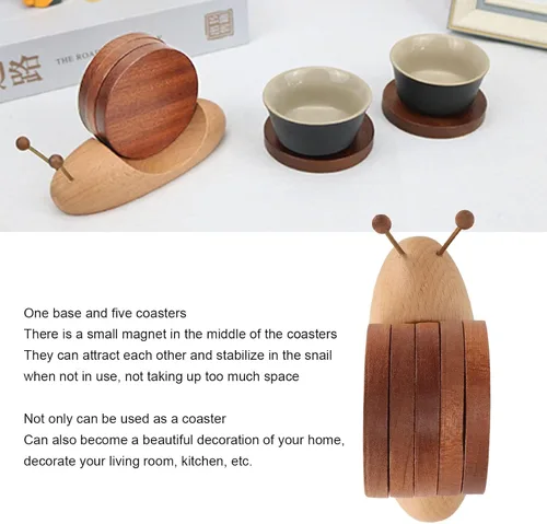 Vista 5 de Juego de posavasos de caracol con imán, exquisitos posavasos de madera para bebidas para el hogar o el restaurante, Rústico