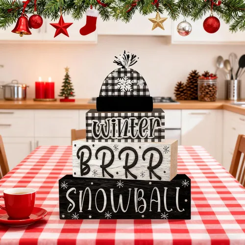 Vista 7 de 4 piezas de decoraciones navideñas para interiores - decoración de mesa de bola de nieve de madera para el hogar - centro de mesa navideño