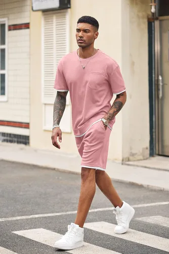 Vista 14 de COOFANDY Conjunto de camisa y pantalones cortos de gofre para hombre, conjunto de 2 piezas, conjunto casual de verano con bolsillos