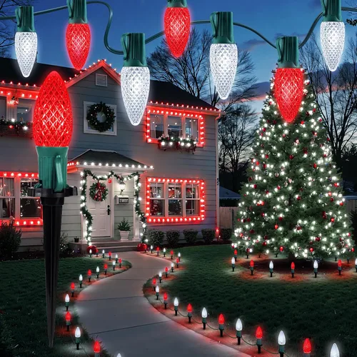 Vista 14 de Brightown Luces de Navidad C9 C9 para exteriores, 25.7 pies, fresa, C9, luces de camino de Navidad con 20 bombillas LED y estacas, decoraciones