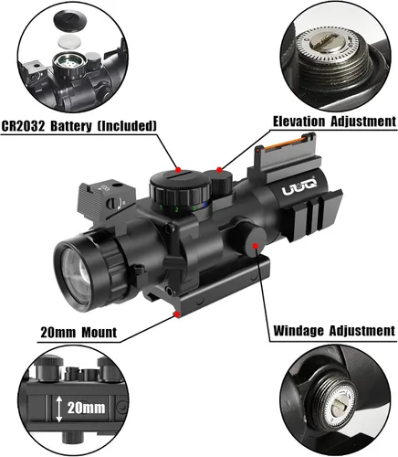 Vista 6 de UUQ Prism 4x32 Red/Green/Blue Triple Illuminated Rapid Range Reticle Rifle Scope W/Top Fiber Optic Sight and Weaver Slots