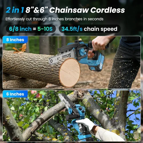 Vista 3 de Mini motosierra inalámbrica, de 8 pulgadas y 6 pulgadas con 2 baterías de 4000 mAh, motosierra de mano alimentada por batería para árboles, cortador