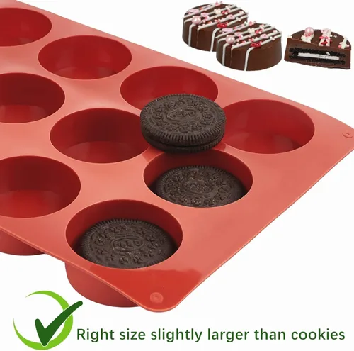 Vista 3 de Juego de 2 moldes redondos de silicona de 2 pulgadas (24 cavidades) cilíndricos cubiertos de chocolate Oreo para galletas y pasteles para dulces