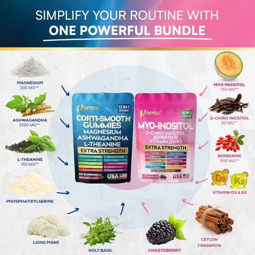 Vista 3 de Paquete de gomitas calmantes y lisas: suplemento de cortisol y mio-inositol con D-Chiro inositol, berberina, magenesio, ashwagandha, L-teanina