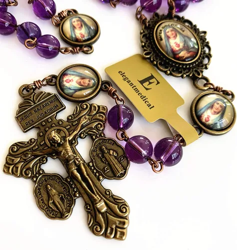 Vista 8 de elegantmedical Hanmade Turguoies - Collar con cuentas de oración, rosario católico, bronce, crucifijo, caja de regalo, Ametyst