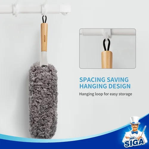 Vista 5 de MR.SIGA Plumero de microfibra sin pelusas, lavable y reutilizable, con mango de bambú y cabezal reemplazable, plumero para limpieza del hogar