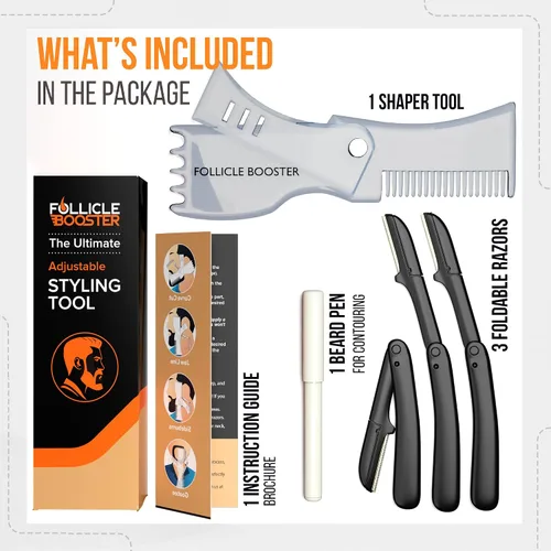 Vista 5 de Kit de moldeador de barba – Herramienta completa de modelado y peinado – Moldeador ajustable transparente, maquinillas de afeitar, lápiz