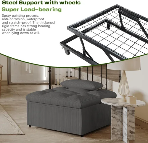 Vista 7 de Silla Cama Convertible 4 en 1 con Respaldo Ajustable, Almohadas, Sofá Cama Futón con Bolsillo Lateral, Silla Sofá Cama Desplegable, Sofás
