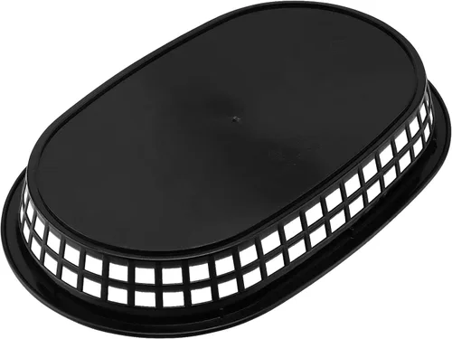 Vista 4 de Paquete de 24 cestas negras para servir comida rápida, de 11 x 7 pulgadas, forma ovalada de plástico para servicio de delicatessen, pan, perritos