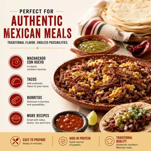 Vista 3 de La Norteñita Machacado Carne Seca Laminada 8.82 oz Jerk Bocadillos de carne con alto contenido de proteínas, auténtico sabor norteño, aperitivos