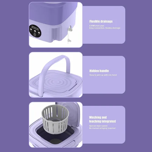 Vista 7 de Lavadora portátil para apartamentos, mini lavadora plegable de 8 litros con 3 niveles de temporización, onda de vibración y cesta escurridora