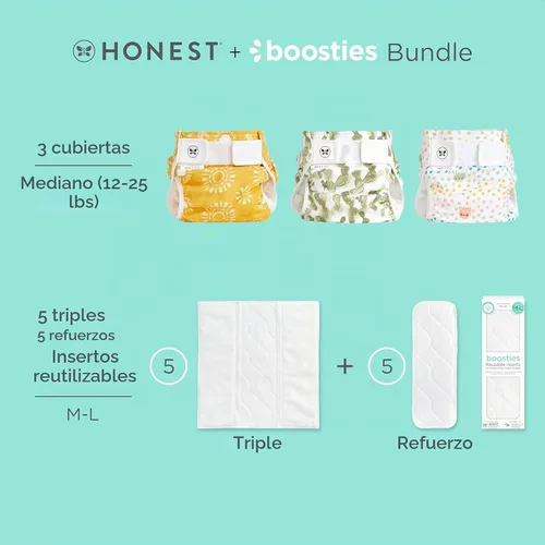 Vista 2 de Honest Hybrid - Funda para pañales de tela + inserciones reutilizables Super Boosties, tamaño mediano (12-25 libras), fundas de muselina de algodón