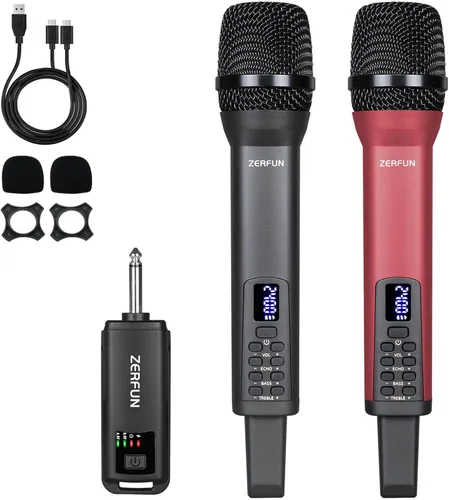 Vista 8 de Micrófono inalámbrico recargable, sistema de micrófono inalámbrico de mano profesional con control Echo Treble BASS VOL para karaoke, canto, Negro