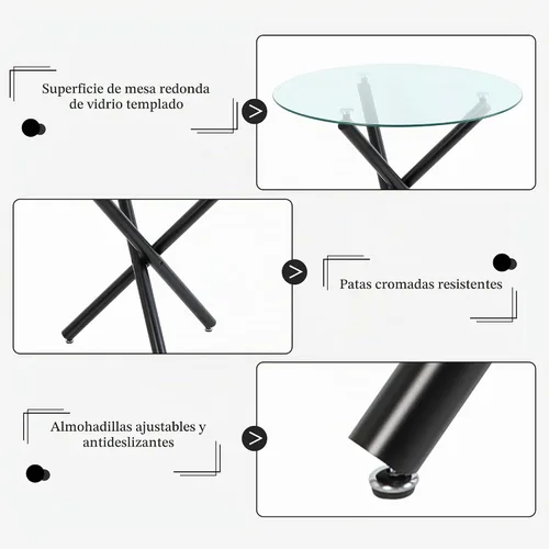 Vista 5 de Mesa de comedor redonda de vidrio para 2-3, parte superior de vidrio templado moderna, patas cromadas resistentes, almohadillas ajustables