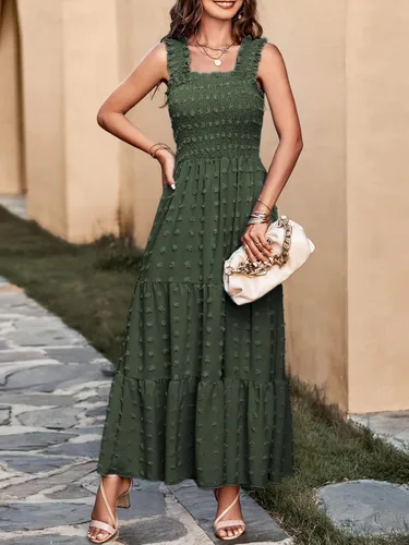 Vista 8 de MASCOMODA Vestido largo bohemio sin mangas fruncido para mujer, con tirantes de hombro sólidos, lunares suizos, acampanado, para fiesta, escalonado