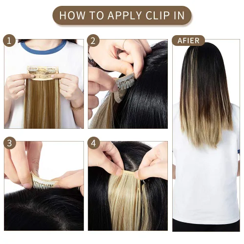 Vista 6 de Extensiones de cabello ondulado, doble trama, 7 piezas con 16 clips, largo de 24 pulgadas