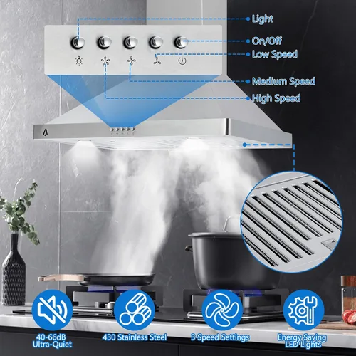 Vista 3 de Campana extractora de 30 pulgadas, montaje en pared con 400 CFM, campana extractora de acero inoxidable con control táctil, ventilador de escape