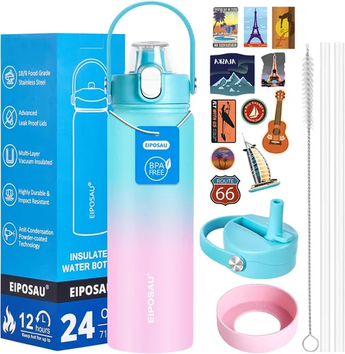 Vista 30 de Botella de agua aislada con tapa, bota y calcomanías, botella de acero inoxidable de 24 onzas, sin sudor, mantiene el frío las 24 horas, botella