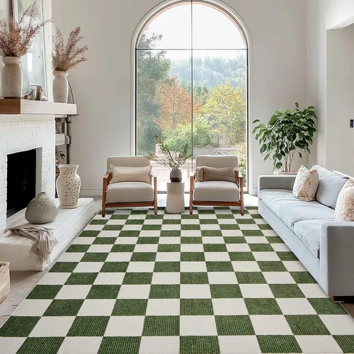 Vista 3 de Alfombra Lavable 5x7 de Cuadros, Alfombra de Área Verde y Blanca, Alfombras Grandes Boho para Sala de Estar, Alfombra de Bajo Pilo Ligera para Verde