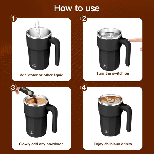 Vista 3 de Taza mezcladora eléctrica de 12 onzas, recargable, regalo para los amantes del café y uso en la oficina (negro)