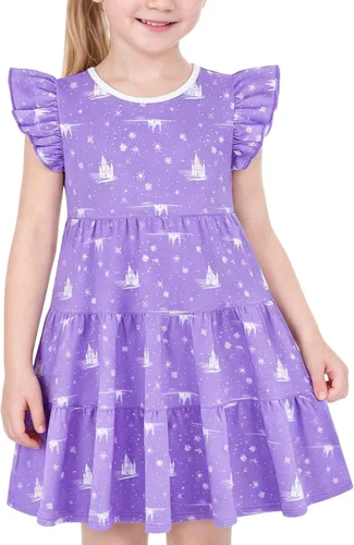 Vista 9 de Vestido casual para niñas, de algodón suave, manga corta, transpirable, acampanado, para adolescentes, talla 2T, 3T, 4T, 5, 6, 7, 8, 9, 10, 12, 13
