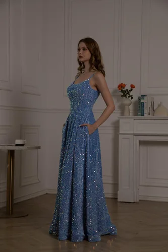 Vista 8 de Tianzhihe Vestidos de fiesta con tirantes delgados, vestidos de fiesta largos con lentejuelas, vestidos de fiesta formales brillantes acampanados