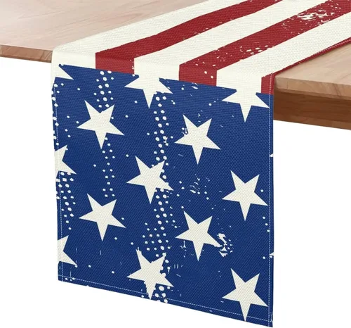Vista 26 de GLENLCWE Camino de mesa largo con estrellas del 4 de julio, camino de decoración de mesa, rectangular, día de la independencia, vacaciones, cocina