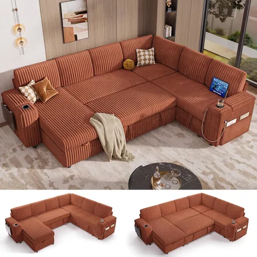 Vista 26 de Vipbear Sofá cama modular de 86 pulgadas con cama extraíble, sofá en forma de L de pana de felpa de 3 asientos con diván de almacenamiento, puertos