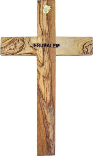 Vista 2 de VGI Cruz de pared de madera de olivo natural con bordes biselados (8")