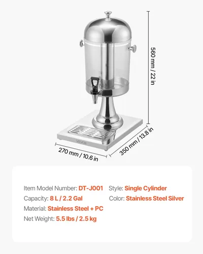 Vista 7 de VEVOR Dispensador de bebidas, dispensador de bebidas de 2.1 galones para fiestas, dispensadores de jugo de acero inoxidable + plástico con bandeja