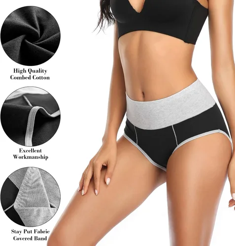 Vista 3 de QOVOQ Ropa interior de algodón para mujer, cobertura completa, cintura alta, elásticos, suaves, cómodas, paquete múltiple