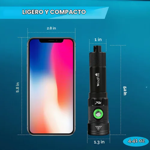 Vista 2 de Linterna de buceo WindFire, linterna impermeable para buceo 262 pies bajo el agua, linterna recargable para snorkel con 4 modos y indicador