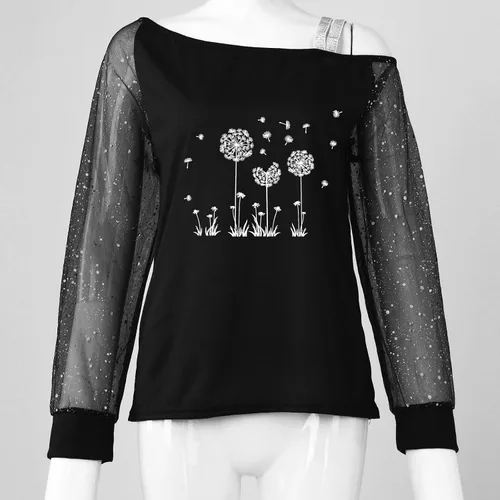 Vista 4 de NOKMOPO Tops de otoño para mujer, cuello diagonal de moda, manga larga, cuello de una línea, tops de manga larga para mujer
