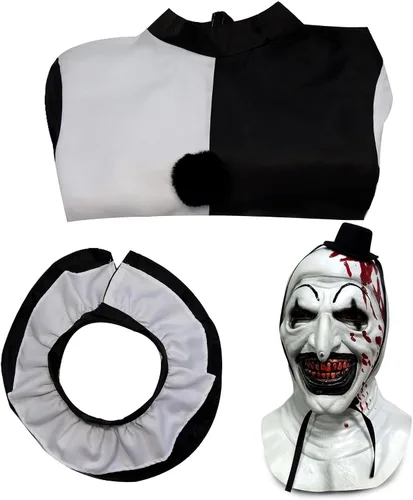 Vista 3 de Lyxaof Art - Disfraz de payaso asesino de terror con máscara, disfraz de Halloween aterrador, traje de cosplay para adultos y niños