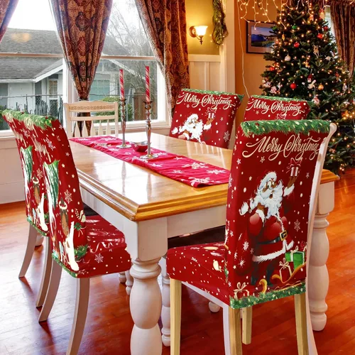 Vista 3 de Ganeen 6 piezas de fundas para sillas navideñas, funda para respaldo de silla de Navidad, funda elástica para asiento de Navidad lavable, protector