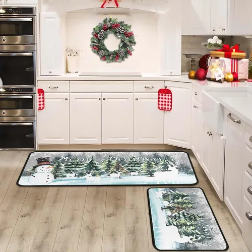 Vista 9 de Juego de 2 tapetes de cocina verdes de Navidad, decoración de Navidad antideslizante, ciervo, muñeco de nieve, alfombras de cocina de invierno