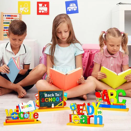 Vista 5 de 4 piezas de decoración de fiesta de regreso a clases, centros de mesa de madera para la primera escuela, listos para aprender, para escuela, aula