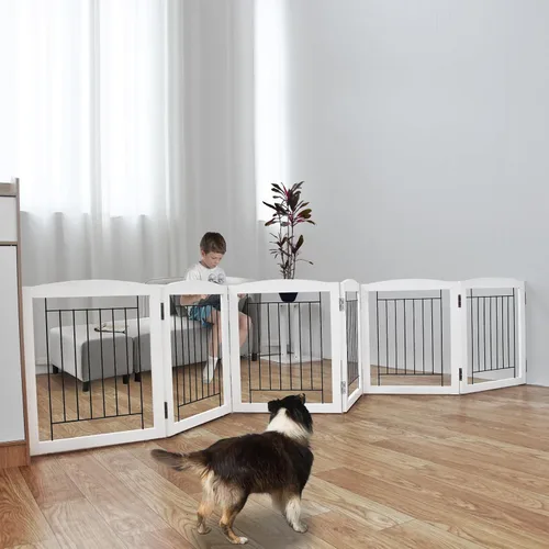 Vista 27 de ZJSF Puerta plegable independiente para perros para casa, puerta de madera extra ancha para cachorros, escaleras, puertas para mascotas, valla alta