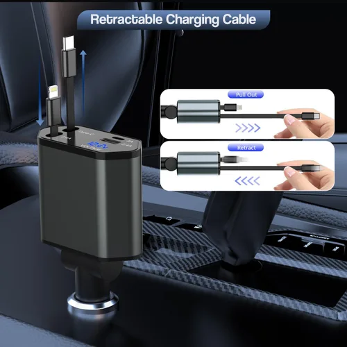 Vista 5 de Cargador de Coche Retráctil para iPhone, Cargador de Coche 4 en 1 de 66W de Carga Rápida con 2 Cables Retráctiles (PD y Lightning) y 2 Puertos