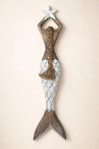 Vista 3 de OMA Arte de pared de sirena para decoración del hogar, playa náutica costera, madera, sirena, estrella, estatua colgante, escultura para decoración