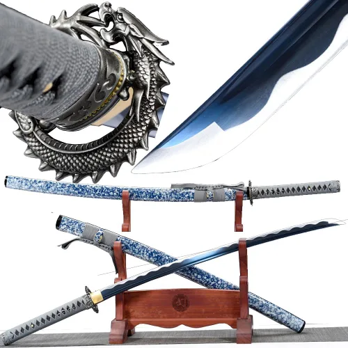 Vista 8 de Espada japonesa de samurái Katana auténtica hecha a mano de acero al carbono 1095 de alta calidad, espada de dragón real y afilada, Katana