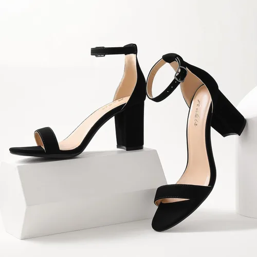 Vista 4 de Ankis Tacones para mujer, puntera abierta, correa de tobillo, tacón grueso, sandalias de 2.75 pulgadas