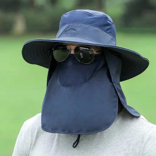 Vista 7 de Sombrero de pesca para hombres y mujeres, sombrero de ala ancha con solapa desmontable para el cuello y cubierta facial